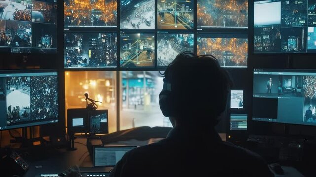 Production crew member wearing headphones sits in a dark control room, monitoring multiple screens showing various angles of a live event, ensuring smooth execution and high quality output