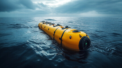 A yellow autonomous underwater vehicle is suspended over the ocean, preparing for a dive, symbolizing advanced technology, exploration, and environmental research in the vast underwater world
