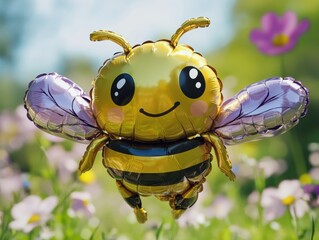 Colorful balloon bee floating above a field of flowers in bright sunlight during spring