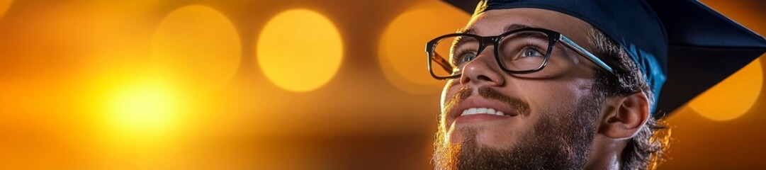 Happy Graduate With Glasses Looking Up in Celebration. Generative AI