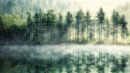 Misty morning lake with tall pine trees reflected in calm water.