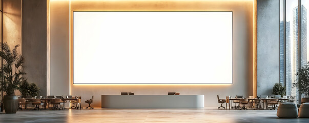 Modern office lobby, large screen, city view