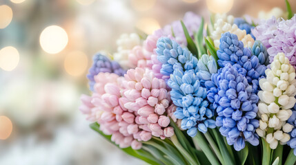 Soft pink, blue, white hyacinths blossoming against dreamy blurred background
