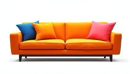 Modern vector sofa with bright cushions, made in minimalistic style, on transparent background.