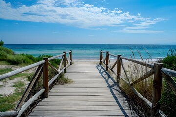 Obraz premium Pathway to Paradise: A wooden walkway leads towards a serene beach, inviting exploration under a vibrant blue sky, framed by gentle waves and the promise of escape.