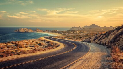 Scenic coastal highway winding through desert landscape at sunset.