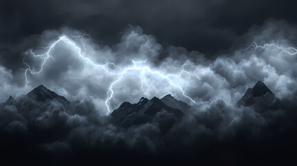 Dark storm clouds with lightning isolated on white and lightning, isolated on transparent background. Majestic - Mountain. Illustration