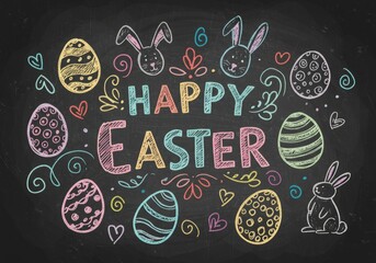 Colorful easter chalkboard art with eggs and bunny designs celebrating the holiday