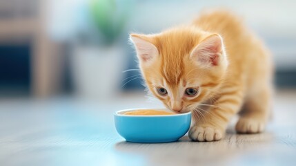 A small orange kitten enjoys its meal from a blue bowl.