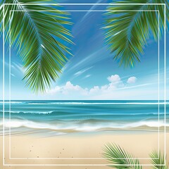 Fototapeta premium A scenic palm-lined beach with a tropical sea view, framed for an appealing summer vacation and travel advertisement. Copy area available