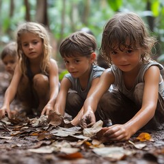 Kids play in dirt in the forest, muddy fun