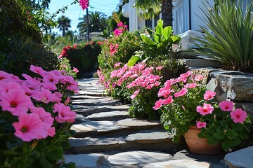 Fototapeta premium Pink flowers path, sunny garden