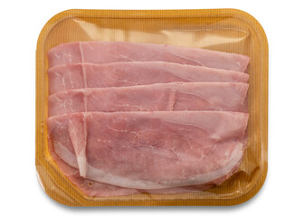 Cooked ham slices sealed in transparent brown plasticized paper tray isolated