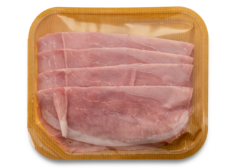 Cooked ham slices sealed in transparent brown plasticized paper tray isolated