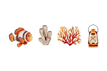 Watercolor illustration set of sea creatures. Cute sea animals.