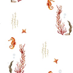 Watercolor seamless pattern with cute underwater animals, fish, shells. Sea. Whale, turtle, octopus, narwhal, hammerhead shark, starfish, boat, stones, lighthouse. 