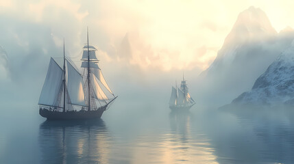 Fototapeta premium Three majestic sailing ships navigate a tranquil ocean, their white sails billowing gently in the serene morning mist. Majestic - Mountain. Illustration