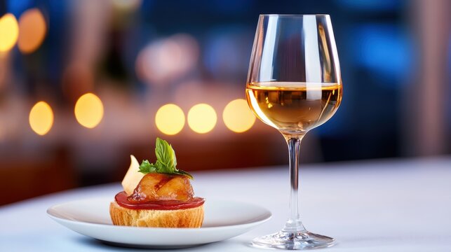A plate of delicious food paired with a glass of wine on a neatly set table.