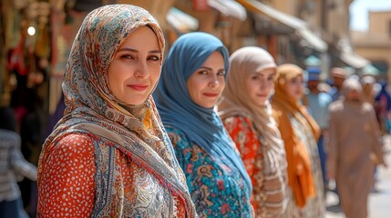 Fototapeta premium Women in colorful headscarves, bustling marketplace background. Possible use stock photo