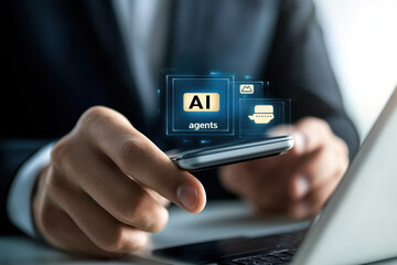 AI Agents and Assistants, Young Man Uses AI Agents on Smartphone to Manage Important Things in Life, The introduction of Artificial Intelligence and AI is enhancing human potential.