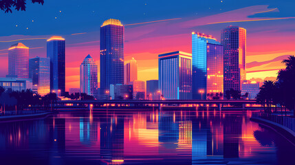 Obraz premium Vibrant downtown tampa skyline at sunset, featuring glittering high-rise buildings, majestic riverwalk, and sleek. Majestic - Mountain. Illustration