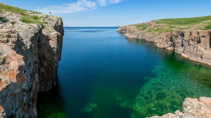 Fototapeta premium Kayaker gliding through pristine waters of Lake Baikal, Siberia, backed by rugged rocky cliffs under bright summer sunlight