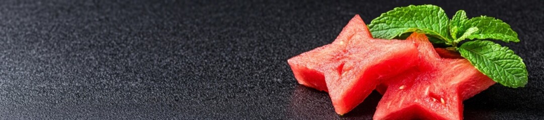 Fresh watermelon slices cut into stars with mint on a dark background. Generative AI