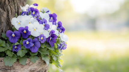 Vibrant pansies nestling in weathered tree trunk planter, soft background highlighting delicate petals amid fresh spring greenery