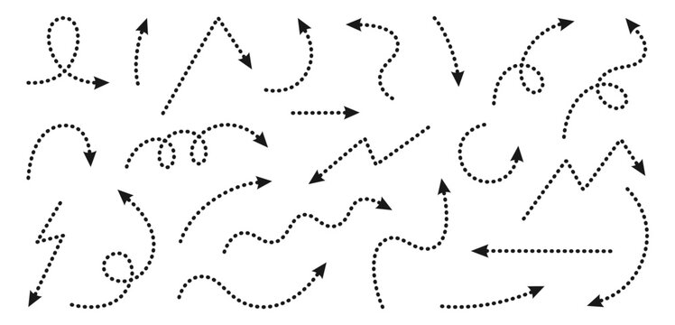Dotted arrows set. Curved pointer collection. Decorative black dash arrow on white back ground. Editable stroke. Suitable for infographics, banner, poster etc. Vector illustration on white background.