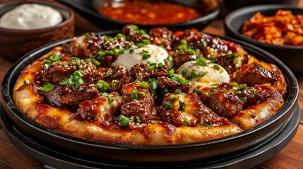 Delicious Korean-Inspired Pizza with Bulgogi Kimchi and Gochujang Sauce. Generative AI