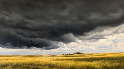 Dramatic Sky Over Golden Fields with Rolling Clouds and Distant Green Hills in Background