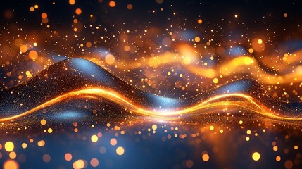 Abstract glowing waves with gold and blue particles.