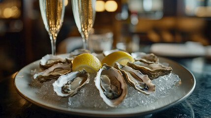 Fototapeta premium Oysters with lemon and glass of champagne. Luxurious dinner at restaurant. Seafood.