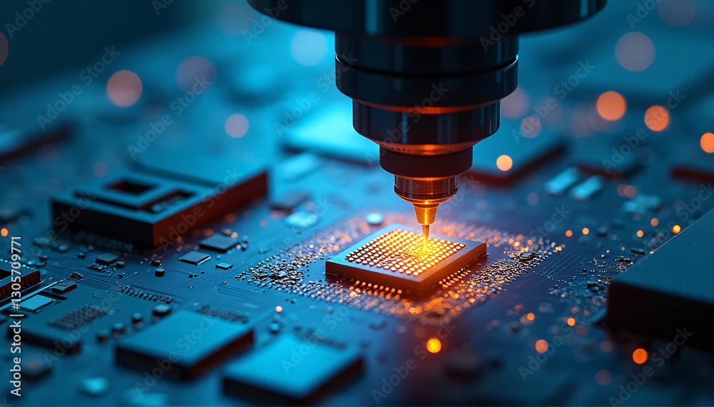 Wall mural a photo of the creation of semiconductors using precise equipment and microchips, signifying the dev