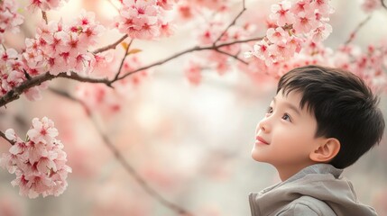 Cute child under cherry blossom tree with blooming flower in Spring.