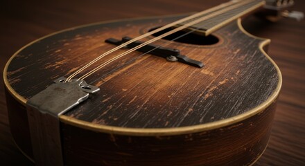 Rustic mandolin with worn finish on wooden table