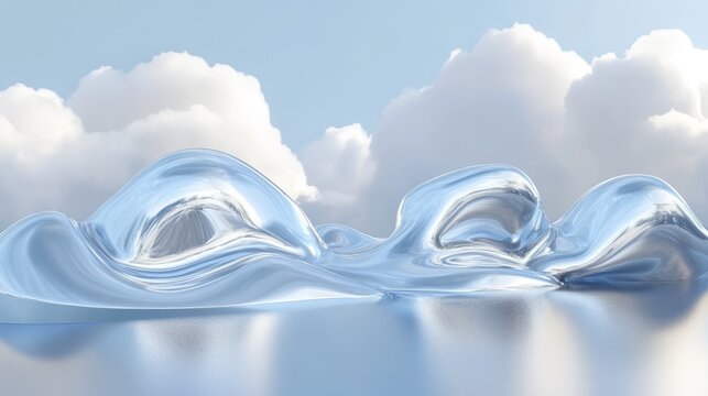Cool ice blue and silver clouds, sleek and minimalistic with soft shadows and glossy texture
