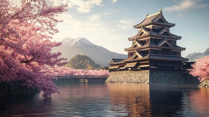 Obraz premium Beautiful cherry blossom flower and vintage building in Spring.