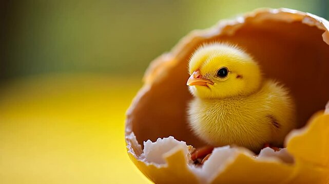 Tiny chick in cracked egg shell