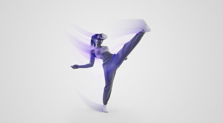 Fototapeta premium Fit African American woman exercising in the metaverse, throwing a kick mid air while wearing virtual reality goggles, pink neon background. Lady exploring virtual reality video games