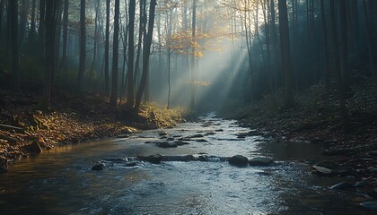 Obraz premium Sunbeams stream through misty forest creek