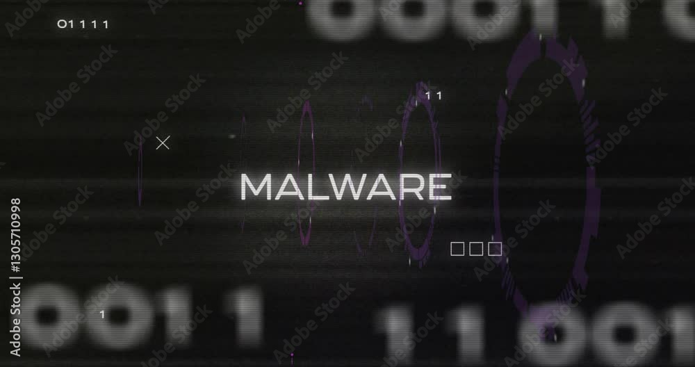 Poster binary code with abstract purple shapes creating digital malware animation concept