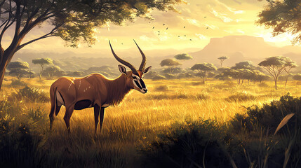 A majestic eland antelope grazes serenely in the african savanna, surrounded by lush greenery and golden sunlight, its. Majestic - Mountain. Illustration