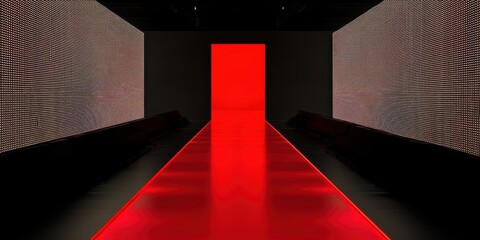 Futuristic runway scene featuring vibrant red light path leading to glowing doorway with pixelated walls creating modern surreal ambiance ideal for fashion show setting or visual design concepts