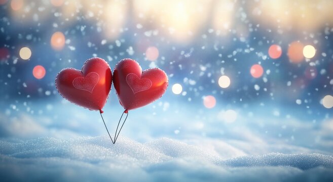 Romantic red heart balloons in snow, festive, winter background