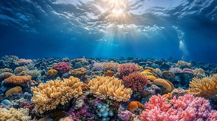 Naklejka premium Vibrant coral reef underwater scene with sunlight.