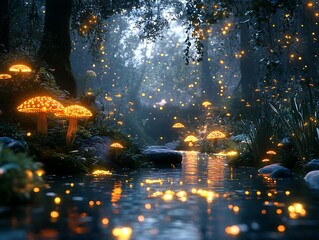 Glowing Mushrooms by Forest Stream (1)