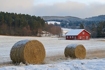 Hay Bales Rest in Snow-Dusted Farm Landscape