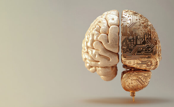 A half brain crafted from golden and copper materials displays stunning textures and intricate features, combining organic and metallic aesthetics