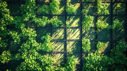Aerial view of a cucumber farm, with rows of green vines stretching under a blue sky. The trellises create a natural pattern, and the morning sunlight casts long shadows over the fertile land.